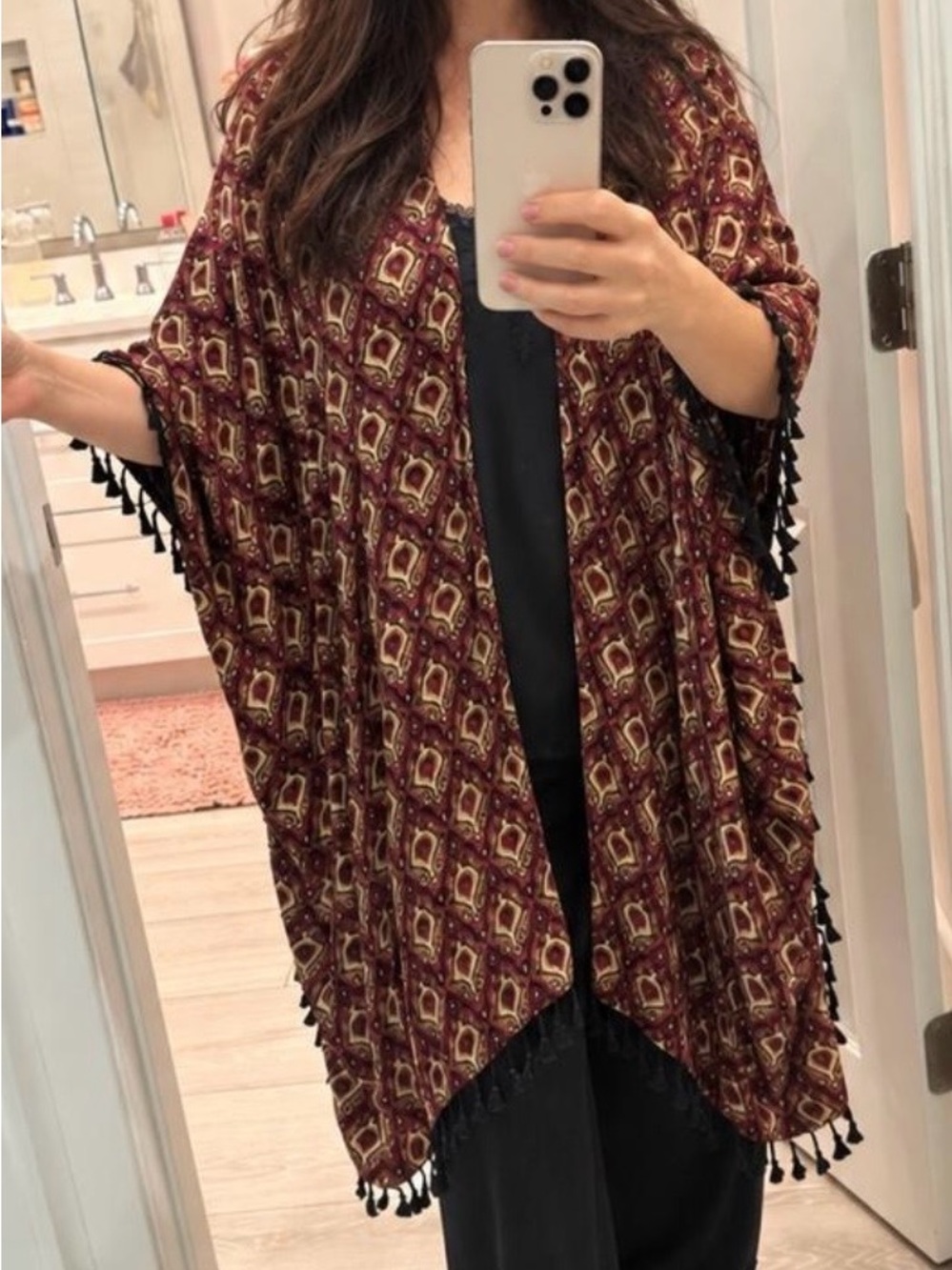 Glamour Burgundy Printed Tassel Kimono Wrap